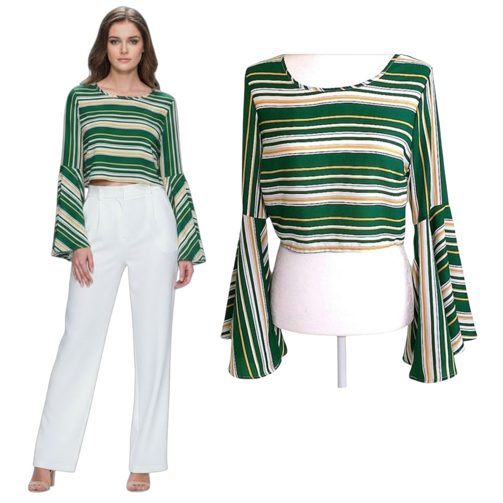 Ups & Downs Crop Top Women's Size M Green Striped Long Bell Sleeve